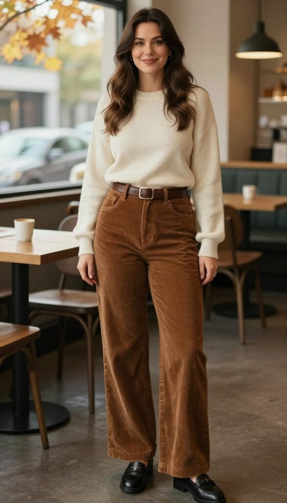 7. Wide-Leg Corduroy Pants with a Fitted Sweater and Loafers