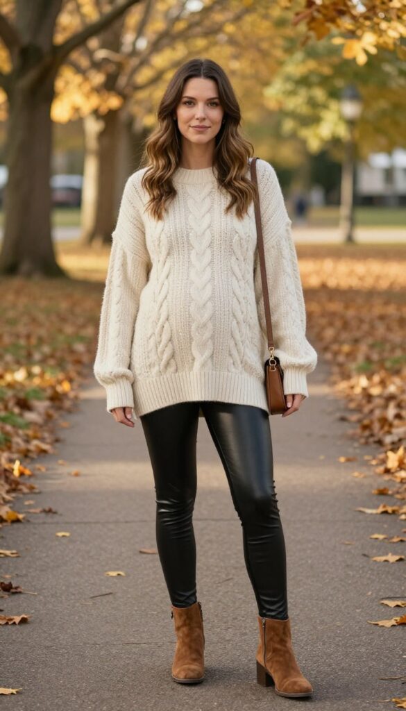 13. Faux Leather Leggings with an Oversized Knit Sweater and Ankle Boots