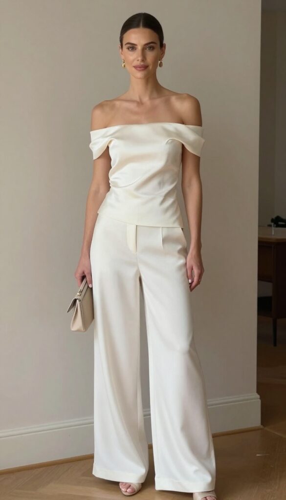 7. Off-Shoulder Dress with Wide-Leg Trousers