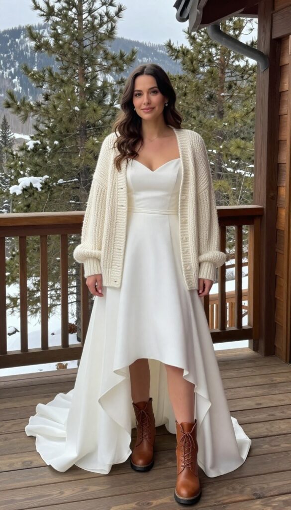 Woman in white drop waist wedding dress with cream knit cardigan and brown boots on mountain lodge deck