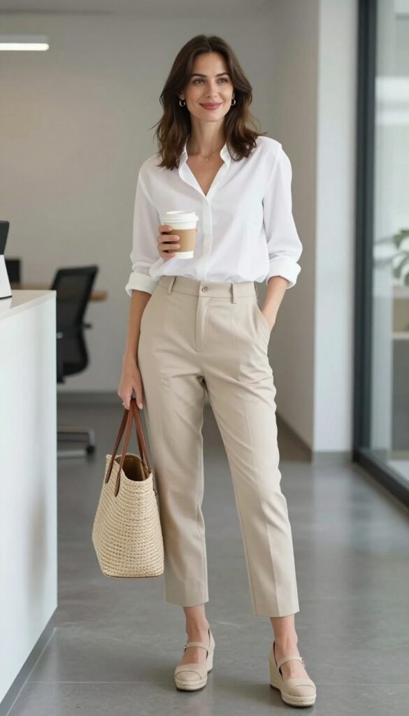 7. White Blouse + Cropped Trousers + Espadrille Wedges