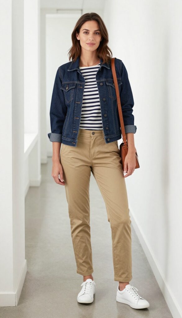 6. Denim Jacket + Striped Top + Chinos