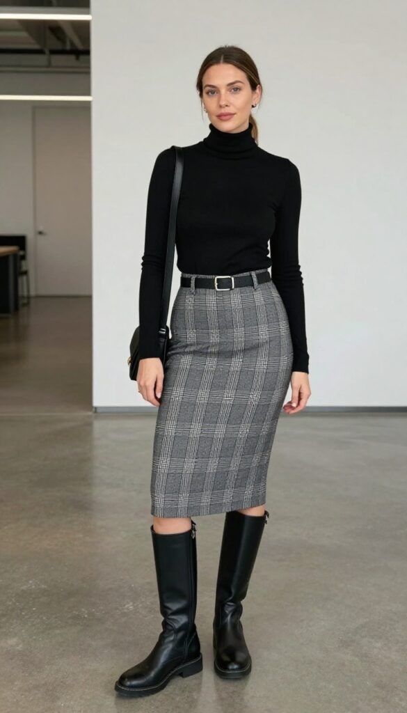 2. Turtleneck + Plaid Midi Skirt + Combat Boots