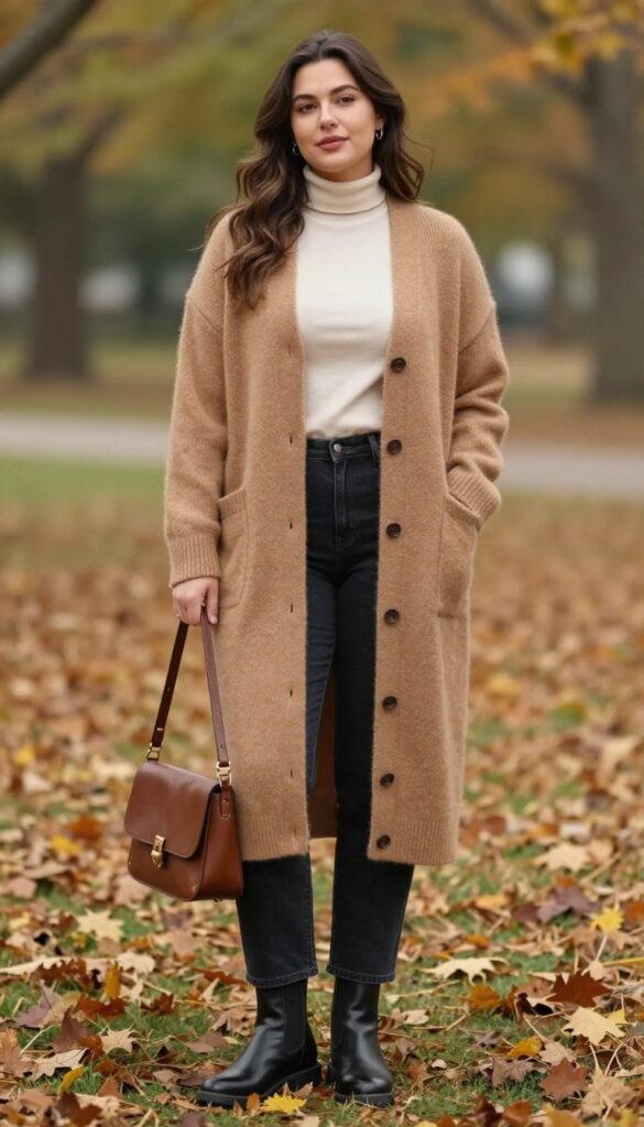 2. Long Cardigan + Turtleneck + Straight-Leg Jeans + Chelsea Boots