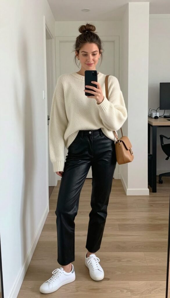 10. Leather Trousers + Oversized Sweater + White Sneakers