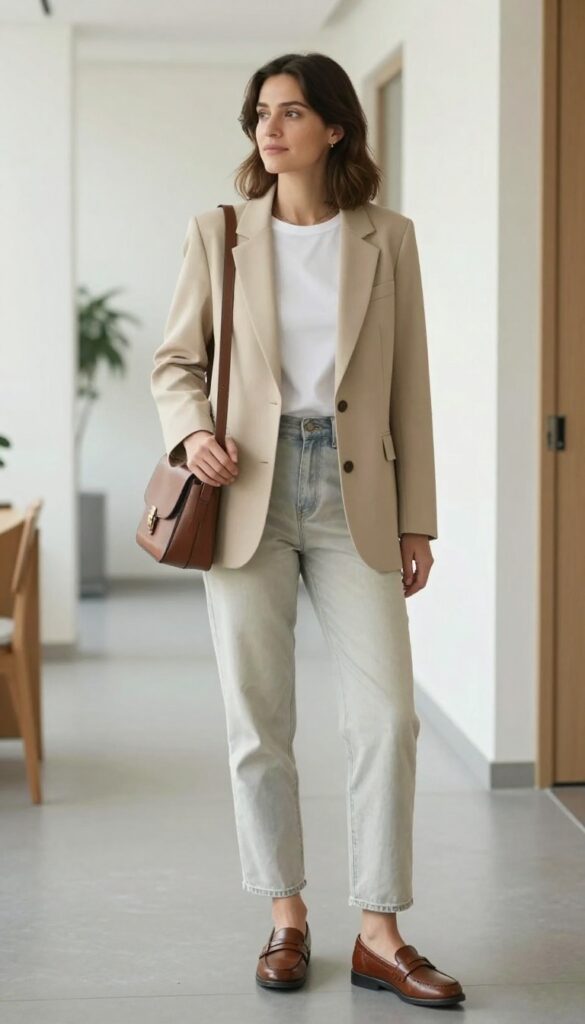 1. Beige Blazer + White Tee + Straight-Leg Jeans + Loafers