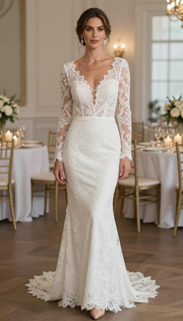 Bride in mermaid wedding dress with long lace sleeves and deep V-neckline, chandelier earrings, low bun, in ballroom with candlelight.