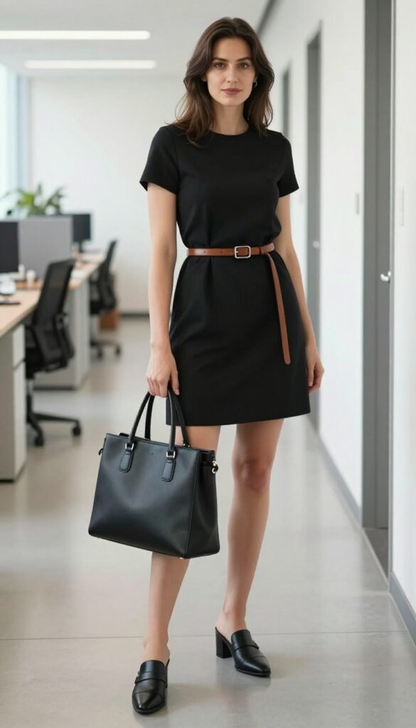 2. Black Midi Dress with a Belt