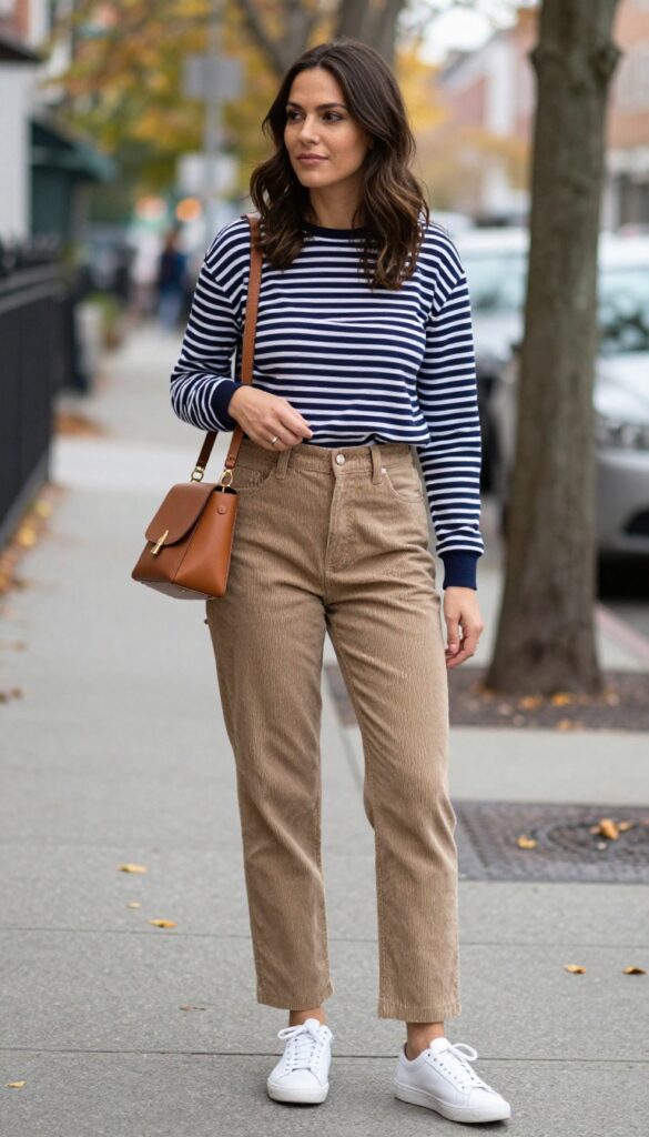 6. Corduroy Pants + Striped Breton Top + White Sneakers