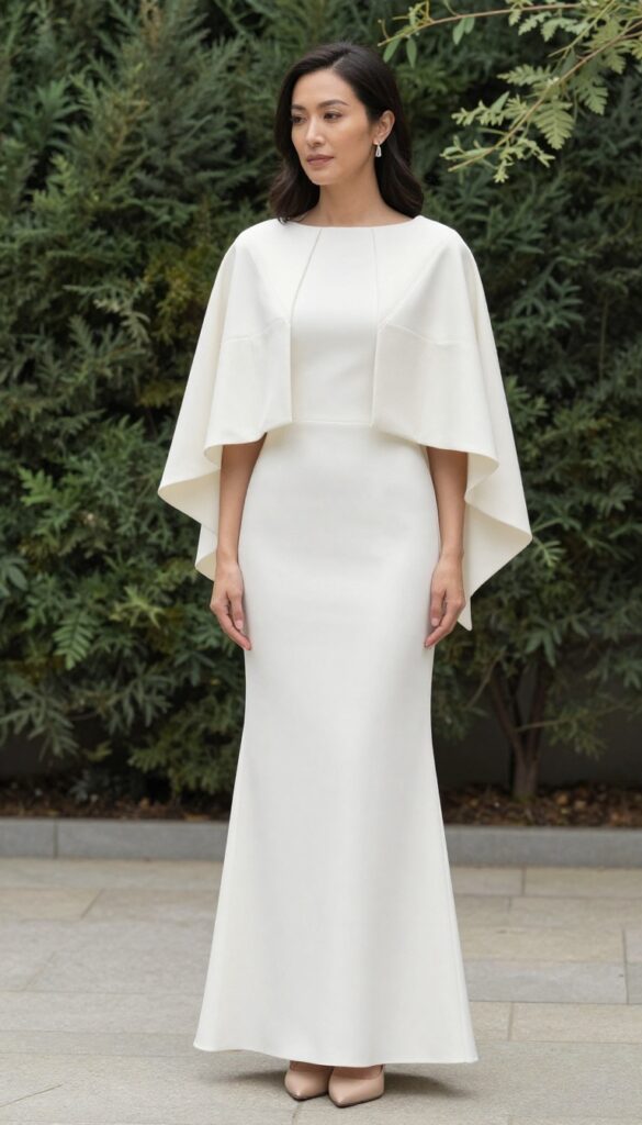 Woman in white column dress and structured capelet standing in chapel aisle, soft natural light, confident pose.