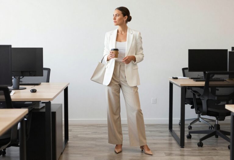 Woman in white blazer and wide-leg trousers standing in a bright office, clean girl work outfit