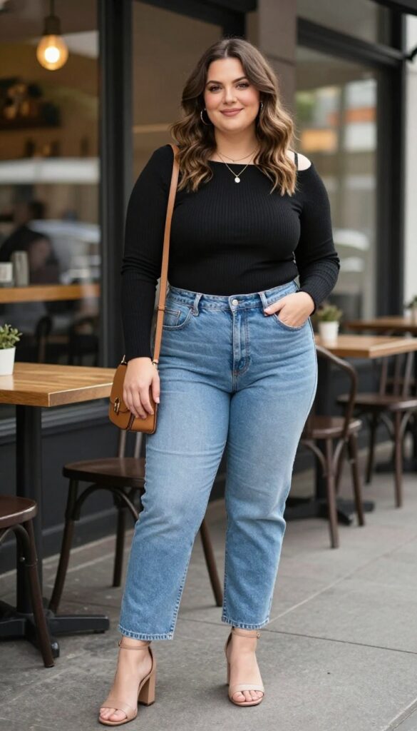 13. Off-Shoulder Top with High-Waisted Jeans