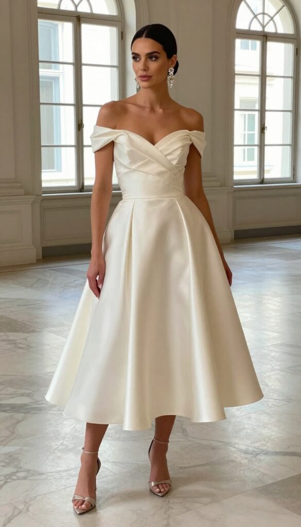 Off-the-shoulder ivory satin ball gown with statement crystal drop earrings and sleek low bun in a grand ballroom.
