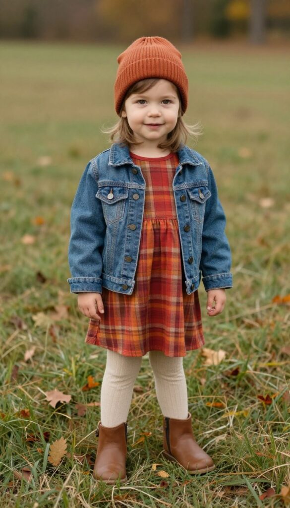 1. Rustic Plaid Dress with Denim Jacket