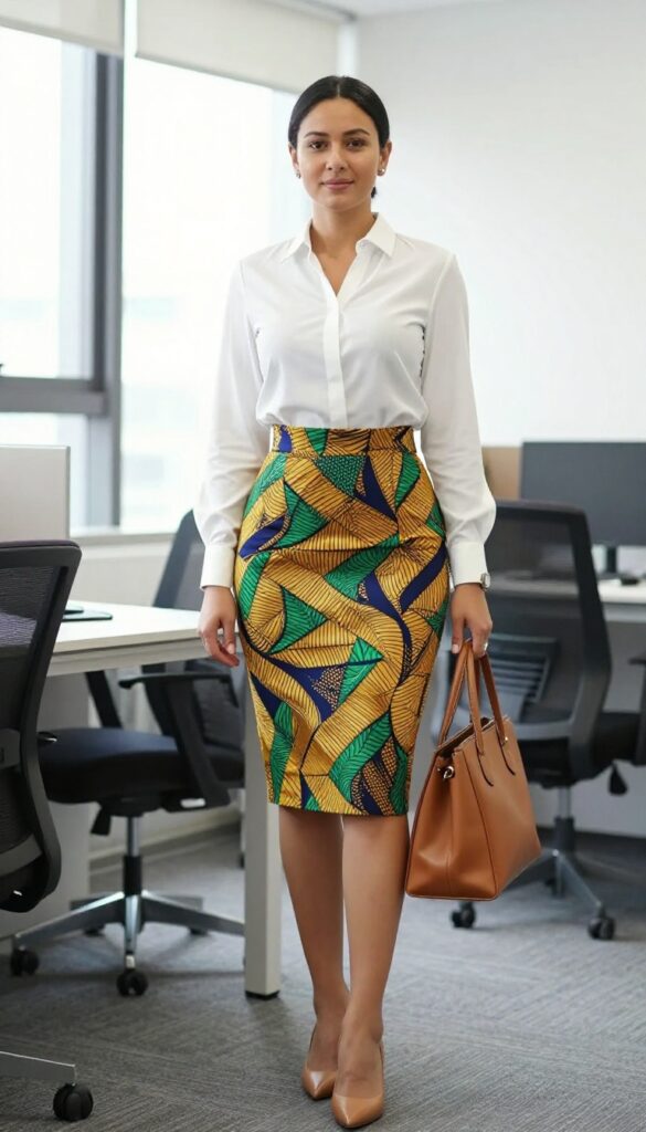1. Ankara Pencil Skirt with a White Blouse