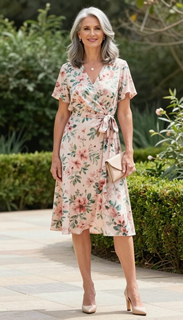Older woman in floral wrap dress and nude heels at garden wedding