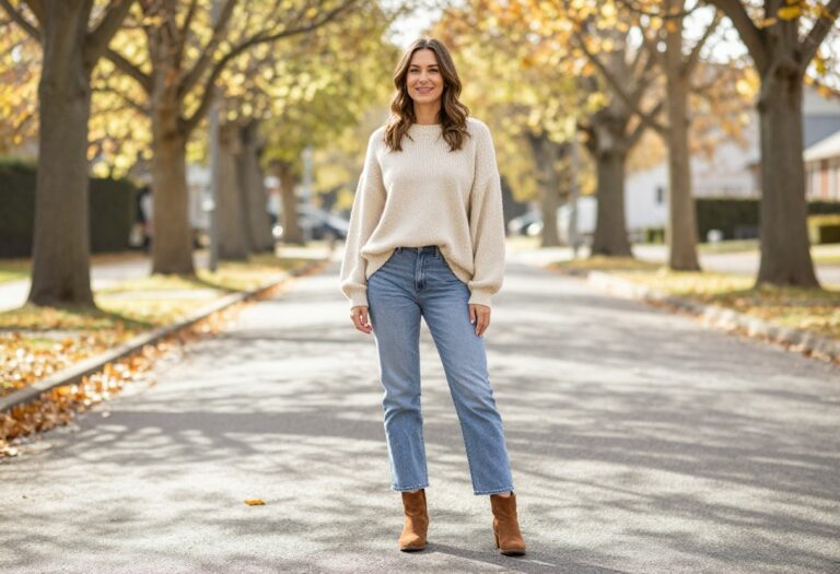 Woman in cream sweater and jeans on fall street