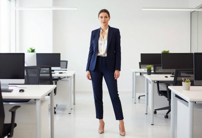 Woman in navy business suit with silk blouse standing in modern office