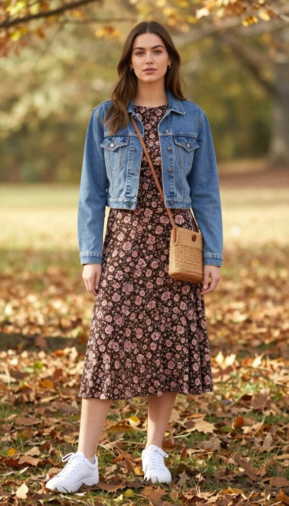 10. Rose-Print Midi Dress with a Cropped Denim Jacket