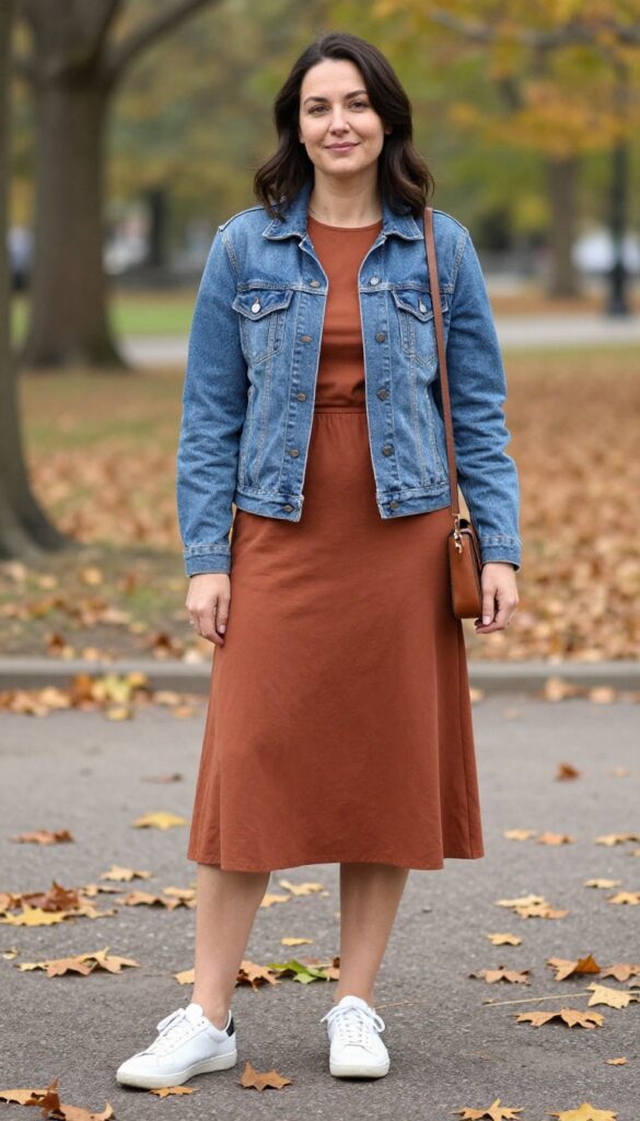7. Denim Jacket + Midi Dress + Sneakers