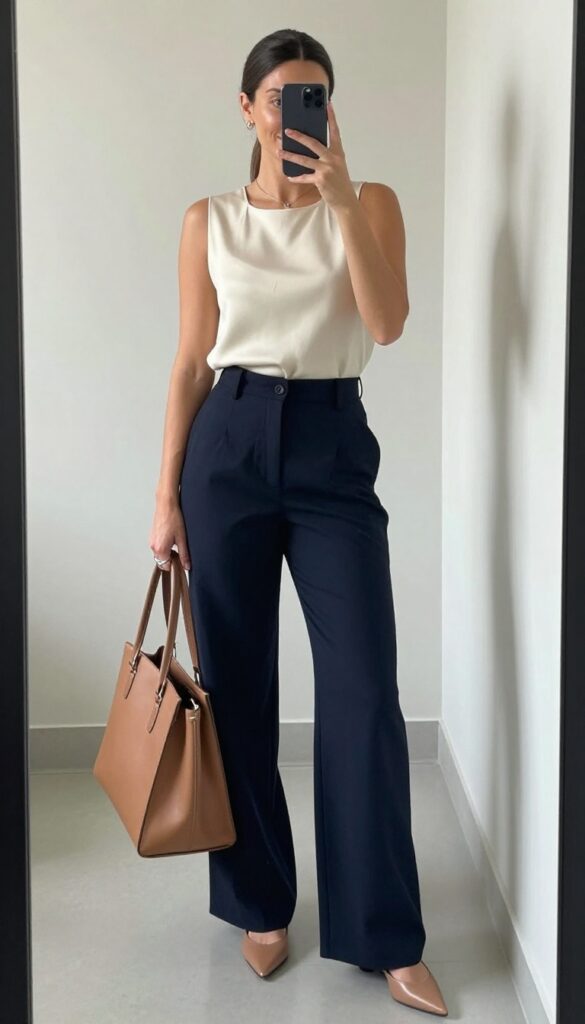 1. Cream Blazer + Navy Wide-Leg Trousers