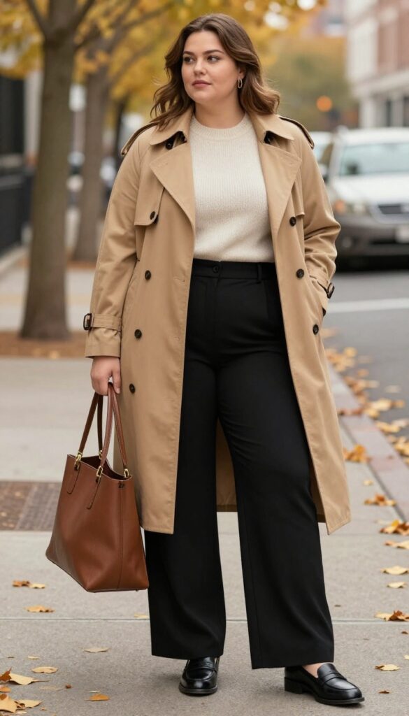6. Trench Coat + Wide-Leg Trousers + Cashmere Sweater + Loafers