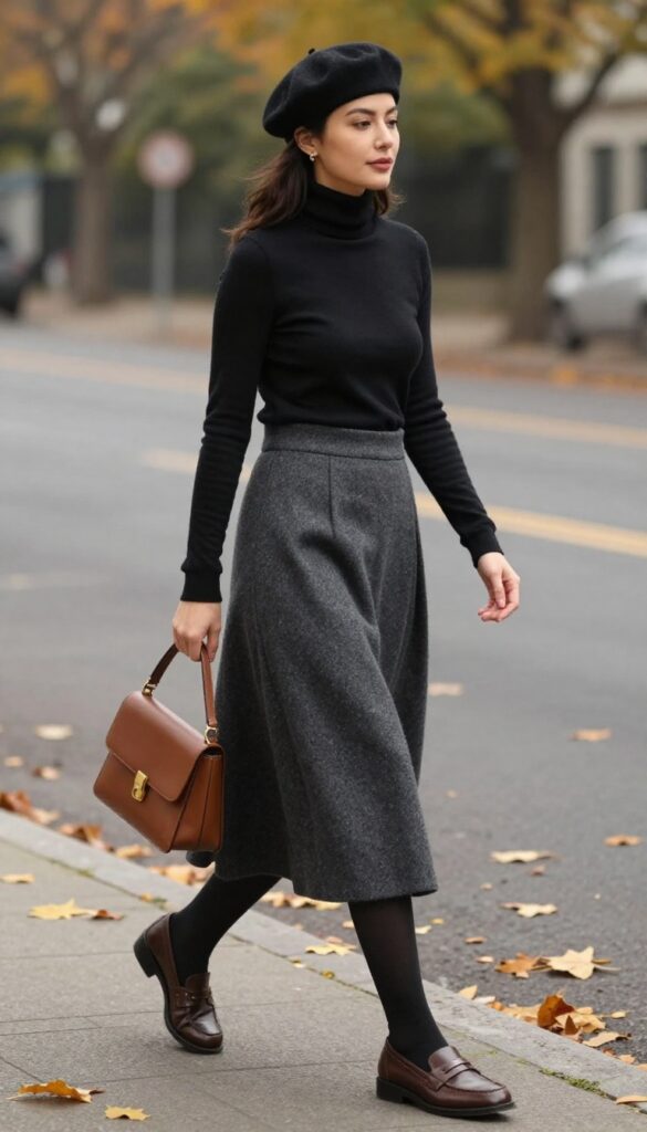 13. Wool Midi Skirt with Turtleneck and Loafers