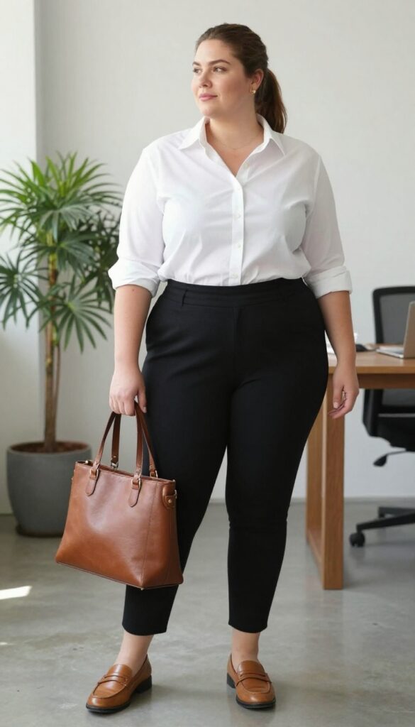 7. Ponte Knit Pants with a Button-Down Shirt