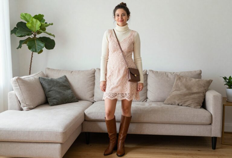 Woman wearing a restyled old wedding dress with a turtleneck and boots in a bright living room