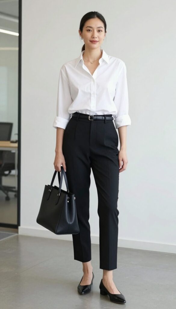 3. Button-Down Shirt + Tailored Trousers + Pointed Flats