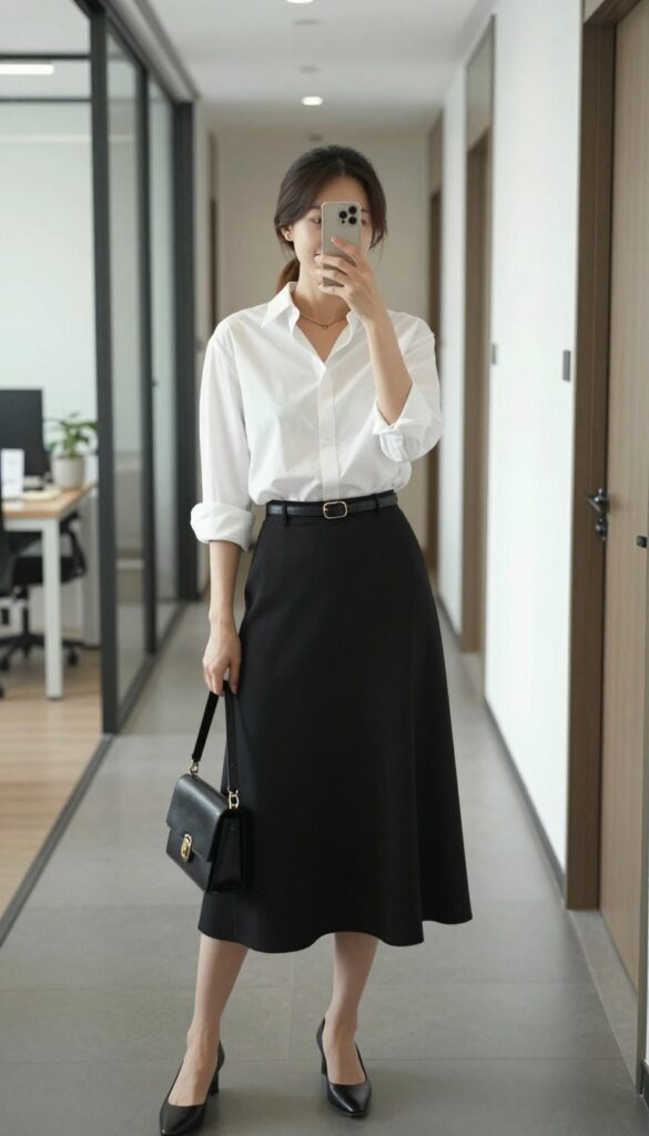 4. The Classic Button-Down & A-Line Skirt