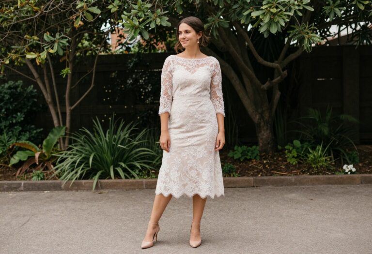 Woman in blush lace boat neck wedding dress with pastel sleeves standing in garden