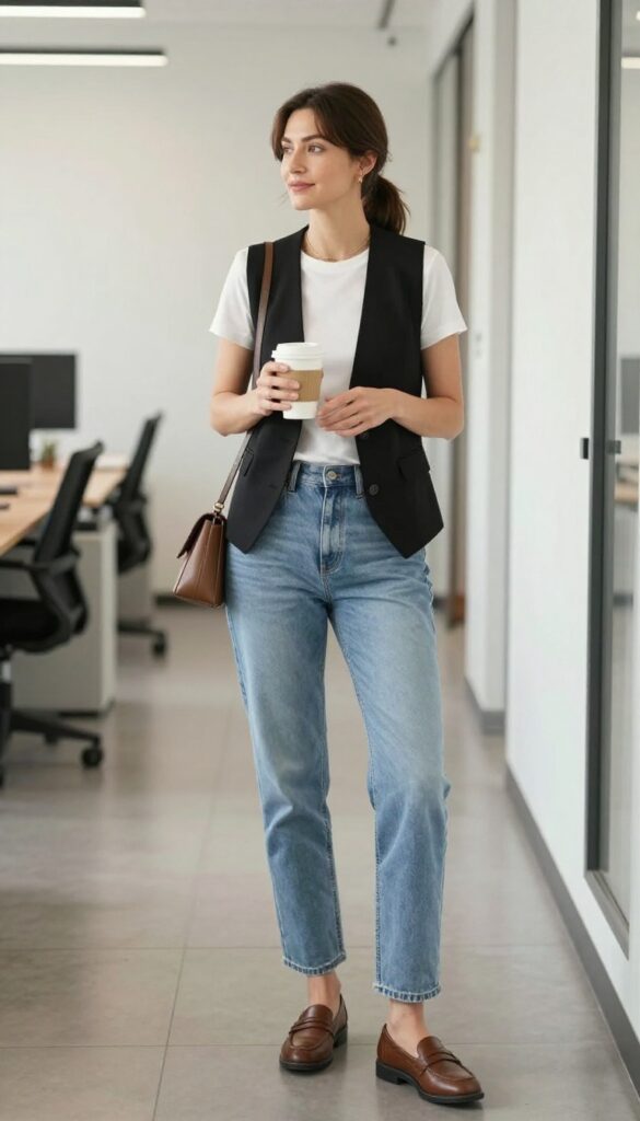 9. Vest + Light Wash Jeans + Loafers