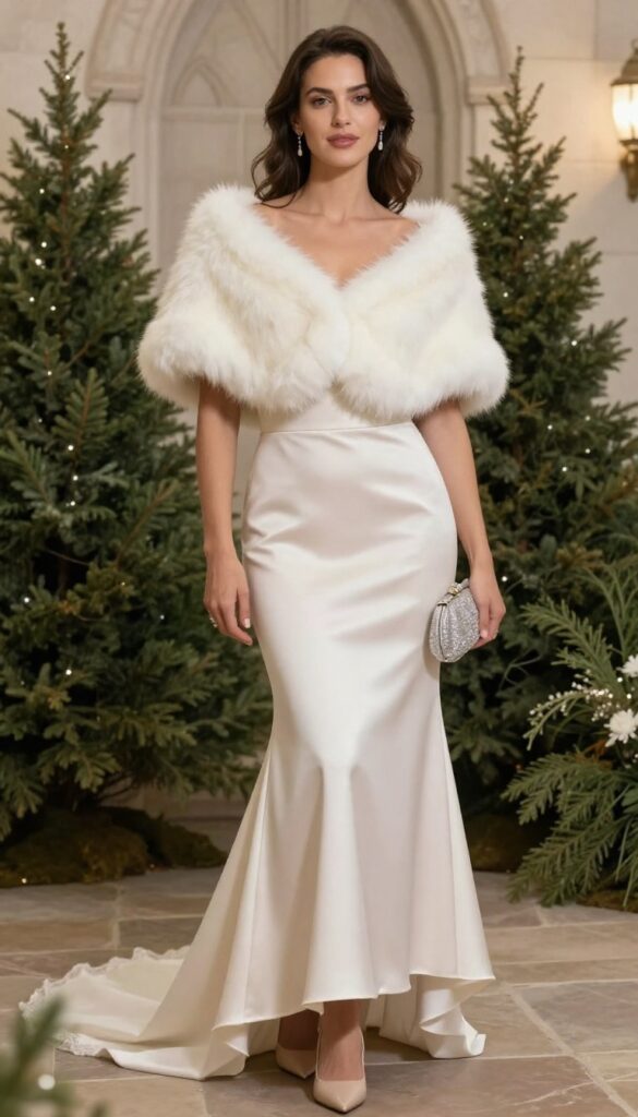 Woman in blush satin mermaid wedding dress with white faux fur stole, nude pumps, and crystal clutch in a stone chapel.
