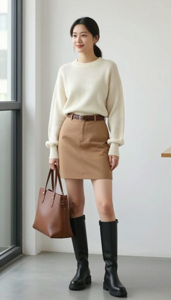 2. Lug-Sole Boots with a Midi Skirt and Knit