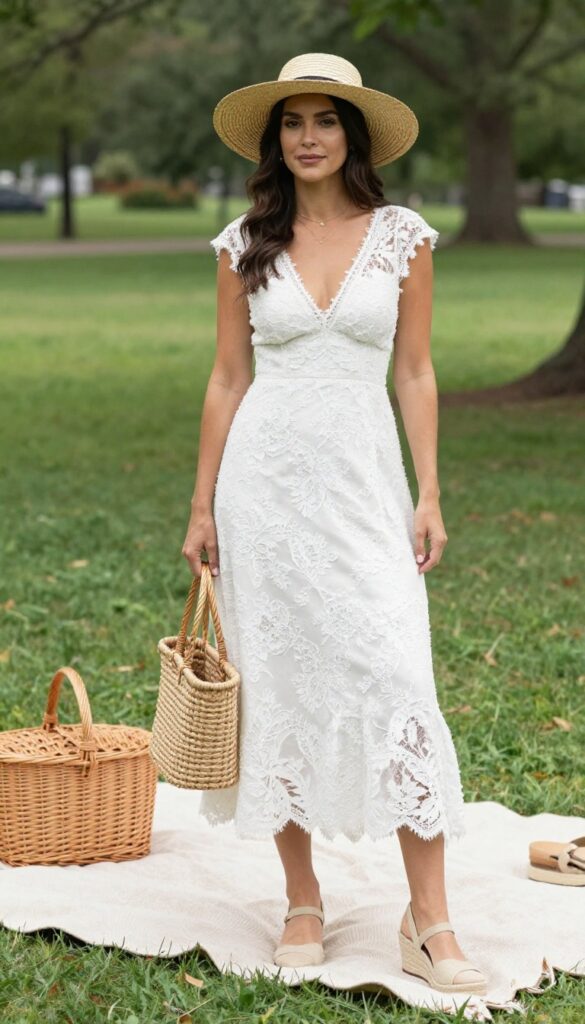Young adult woman in white lace wedding dress with sleeves, wide-brim straw hat, and beige espadrille wedges, holding a woven basket bag, standing in a sunny park with picnic setup.