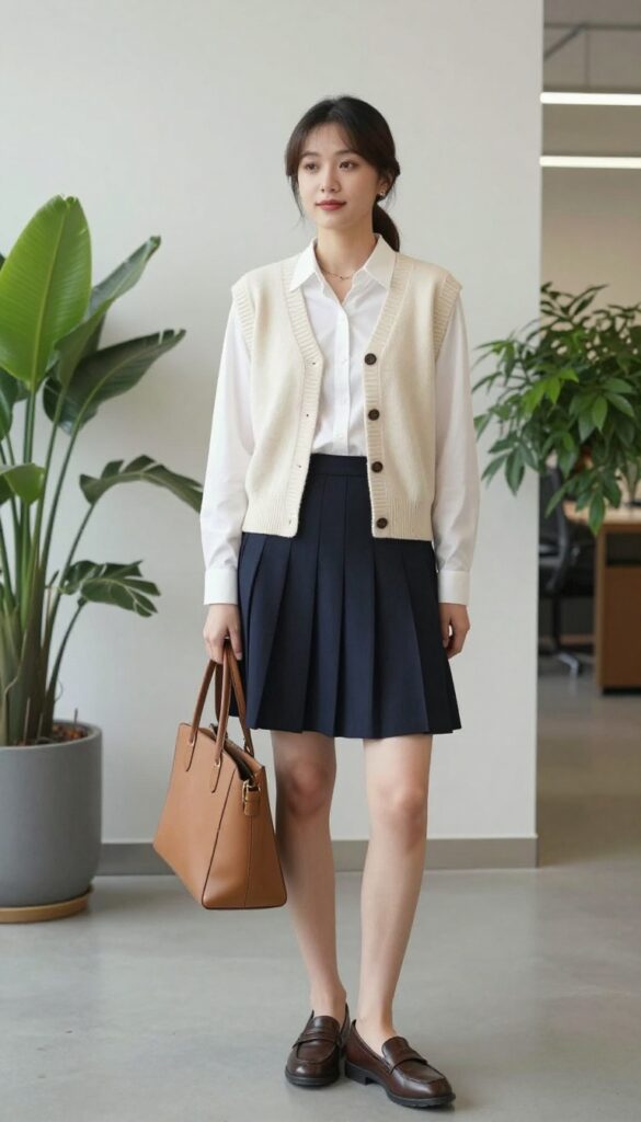 3. Sweater Vest + Button-Down + Pleated Mini Skirt