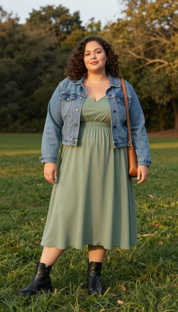 3. Flowy Midi Dress + Denim Jacket + Ankle Boots