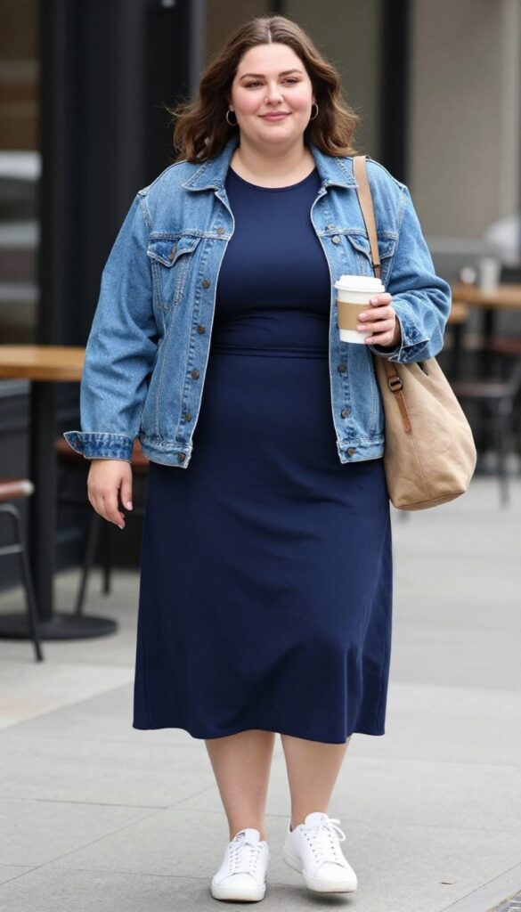 5. Denim Jacket Over a Fit-and-Flare Dress with Sneakers