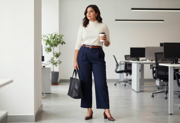 Woman in modest office outfit with high-neck blouse and wide-leg trousers