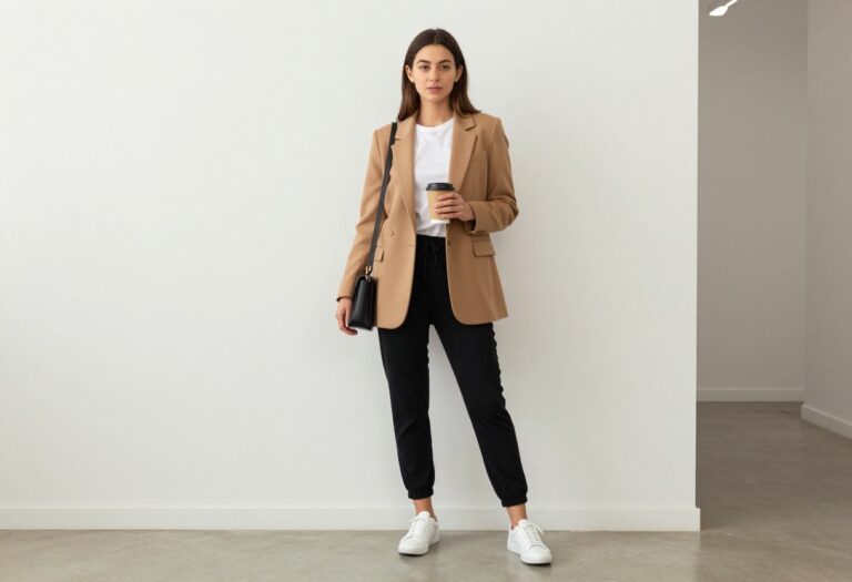Woman in blazer and joggers with white sneakers in office hallway