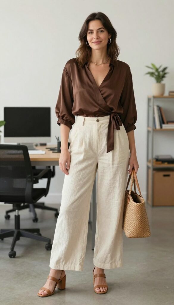 3. Brown Wrap Top with High-Waisted Wide-Leg Pants