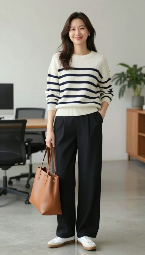 3. Striped Sweater + Black Trousers + White Sneakers