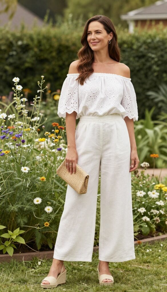 Woman in off-the-shoulder top and wide-leg pants at backyard wedding