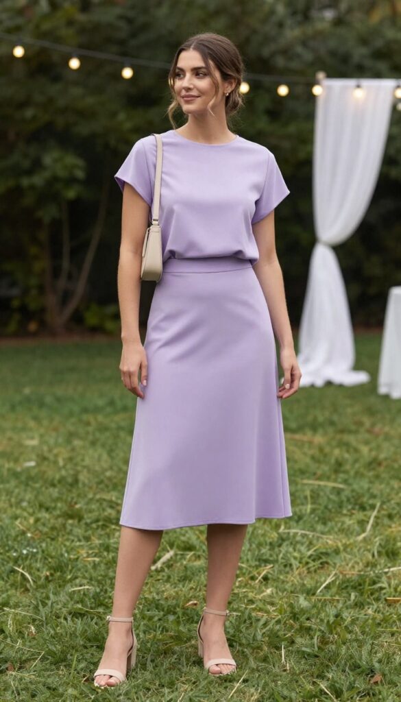 Woman in pastel lavender two-piece set at backyard wedding