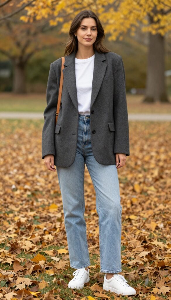 1. Oversized Blazer + Graphic Tee + Straight-Leg Jeans