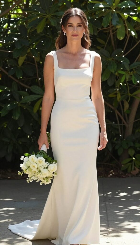 Bride in fitted matte satin sheath wedding dress with detachable train, standing in sunlit garden, soft glam look.