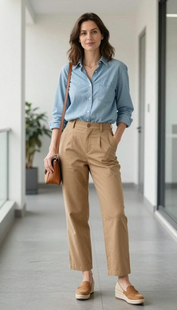 5. Chambray Shirt + Camel Trousers + Espadrille Wedges