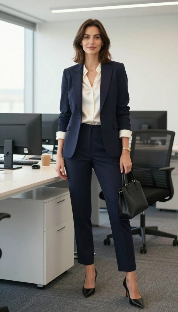 1. The Classic Navy Suit with a Silk Blouse
