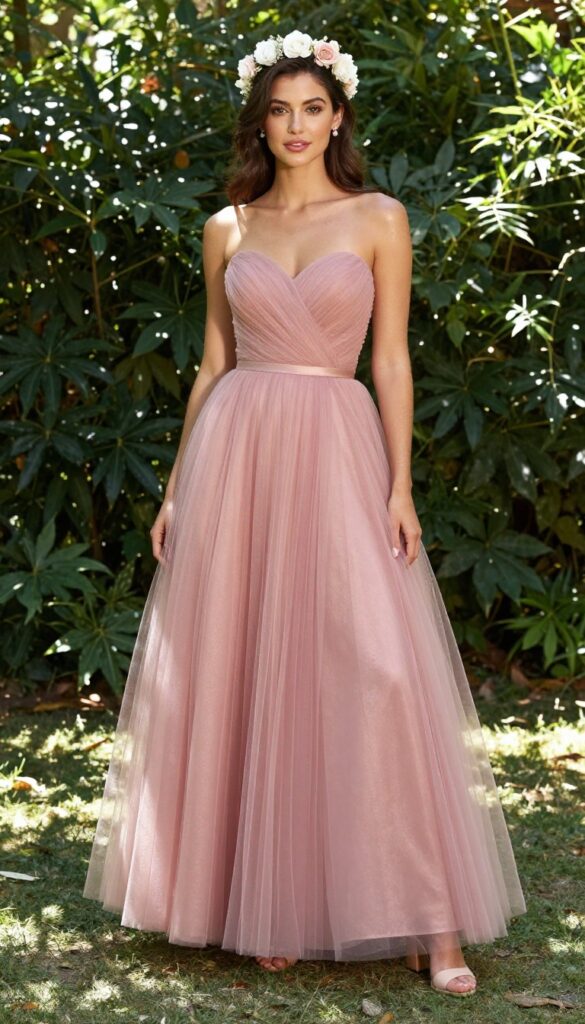 Woman in pink rose gold tulle ball gown with floral crown in garden